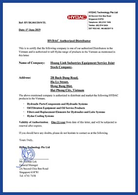 Hydac authorized distributor letter